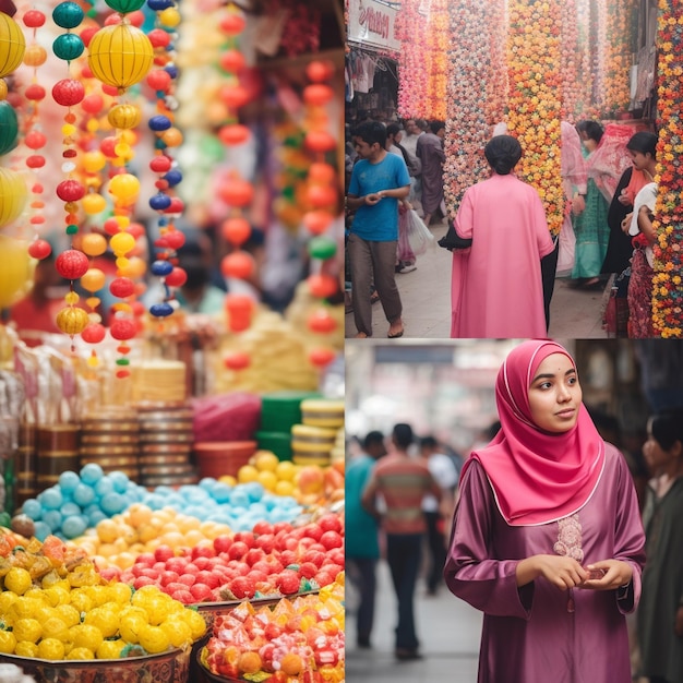 Eine Frau in einem rosa Hijab steht vor einem Laden voller bunter Dekorationen.