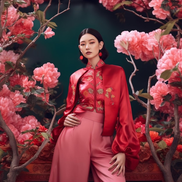 Eine Frau in einem rosa Kimono sitzt in einem Baum mit rosa Blumen