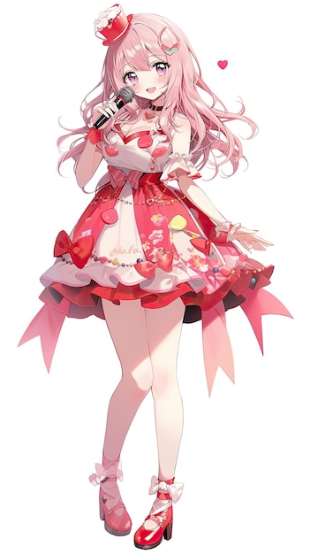 Eine Frau in einem rosa Kleid hält ein Mikrofon, ein virtuelles Idol-Vocaloid