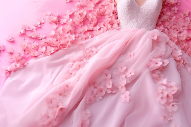 Eine Frau in einem rosa Kleid liegt auf einem Bett mit Blumen auf dem Bett.