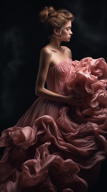 Eine Frau in einem rosa Kleid mit großen Blumenrüschen