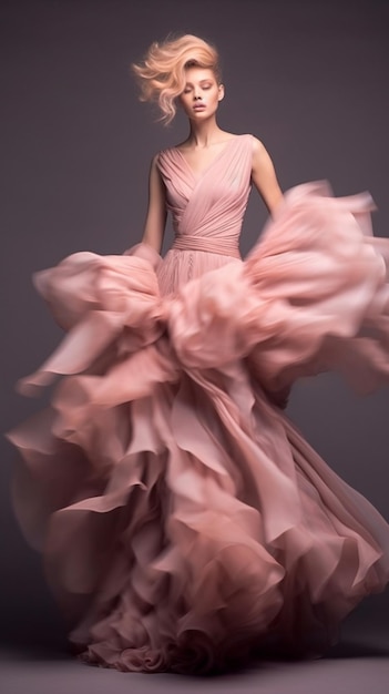 Eine Frau in einem rosa Kleid mit großen Rüschen
