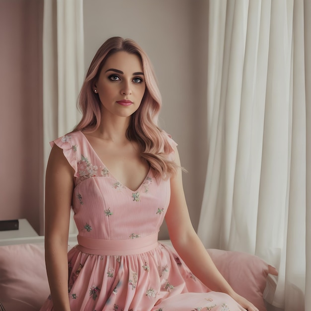 Eine Frau in einem rosa Kleid mit Sternen auf der Vorderseite sitzt auf einem Bett.