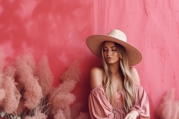 Eine Frau in einem rosa Kleid sitzt vor einer rosa Wand mit rosa Hintergrund.