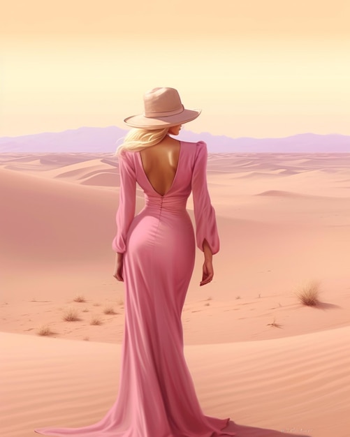Eine Frau in einem rosa Kleid steht in der Wüste