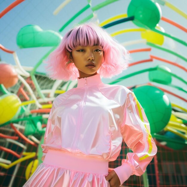 eine Frau in einem rosa Kleid steht vor einem großen Gebäude mit Ballons im Hintergrund.