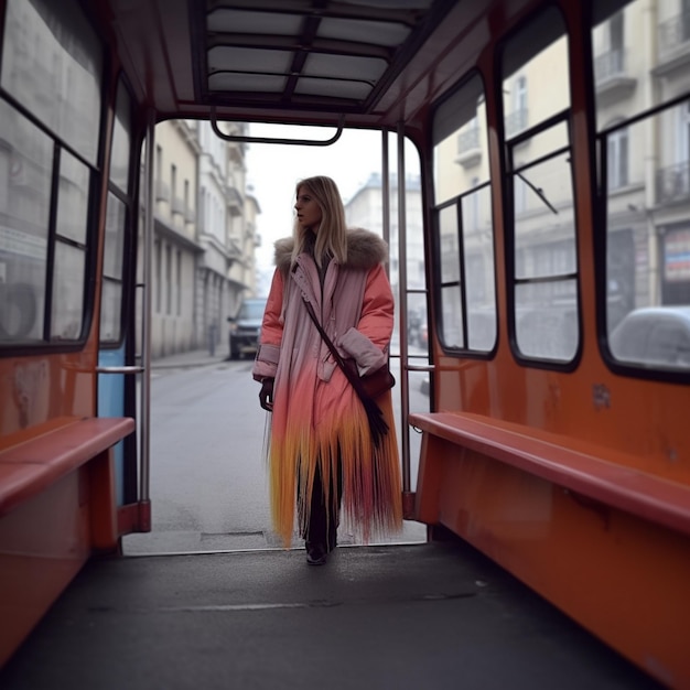 Eine Frau in einem rosa Mantel läuft mit einem roten Bus eine Straße entlang.