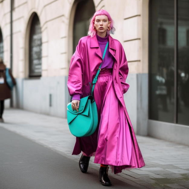 Eine Frau in einem rosa Mantel und einer grünen Tasche. Generatives KI-Bild