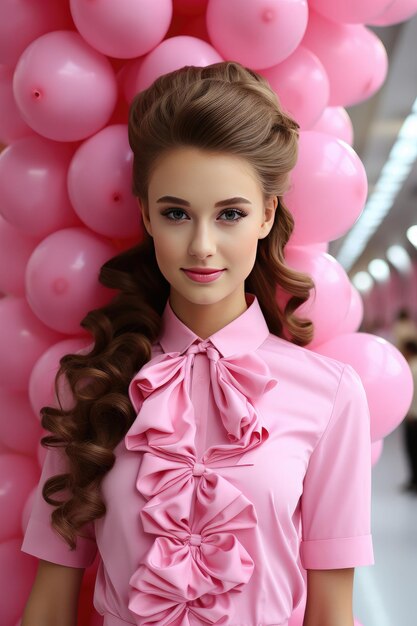 Eine Frau in einem rosa Seidenkleid auf dem Hintergrund einer Party im Barbie-Stil mit Luftballons. Generative KI