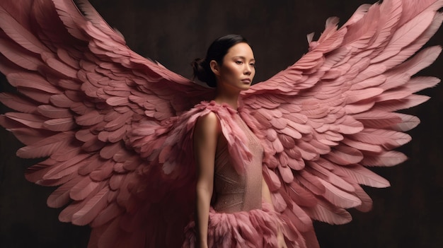 Eine Frau in einem rosafarbenen Kleid mit ausgebreiteten Flügeln generativer ai