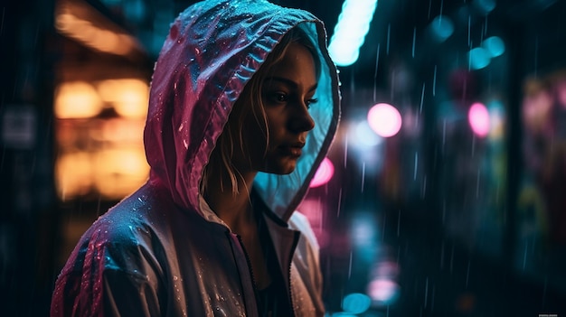 Eine Frau in einem rosafarbenen Regenmantel steht im Regen vor einer beleuchteten Straßenlaterne.