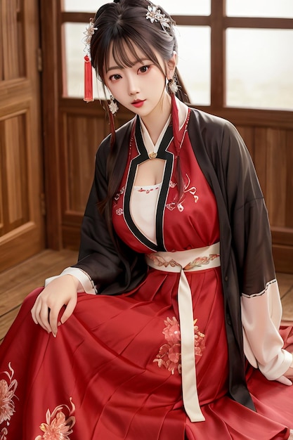 Eine Frau in einem roten chinesischen Hanfu-Kleid