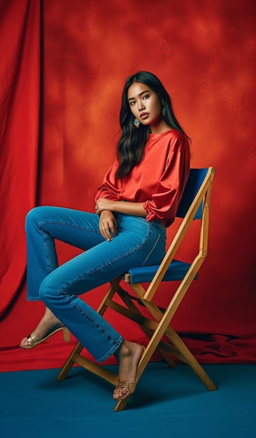 Eine Frau in einem roten Hemd sitzt auf einem Stuhl.
