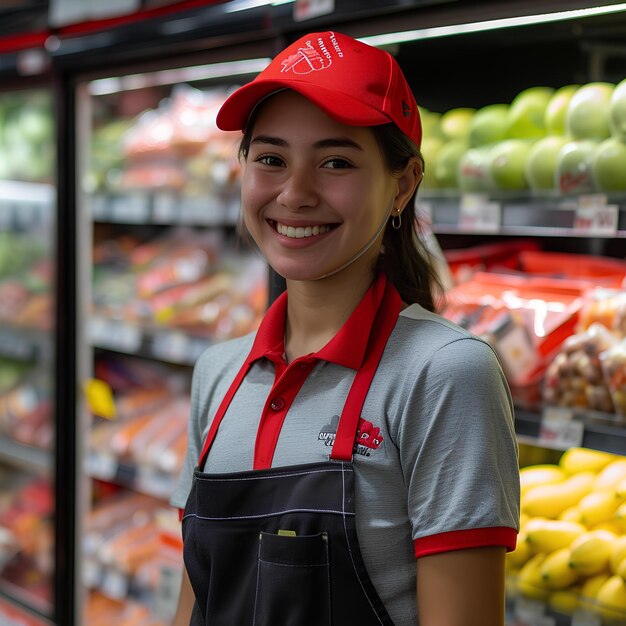 Eine Frau in einem roten Hut steht vor einem Obst- und Gemüsebereich eines Ladens mit einer Vielzahl von Früchten