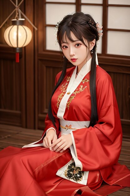 Eine Frau in einem roten Kimono mit dem Wort Hanfu auf der Vorderseite.