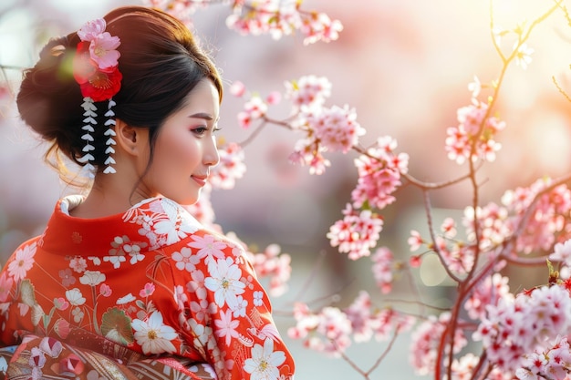 Eine Frau in einem roten Kimono steht vor einem Baum voller rosa Blumen