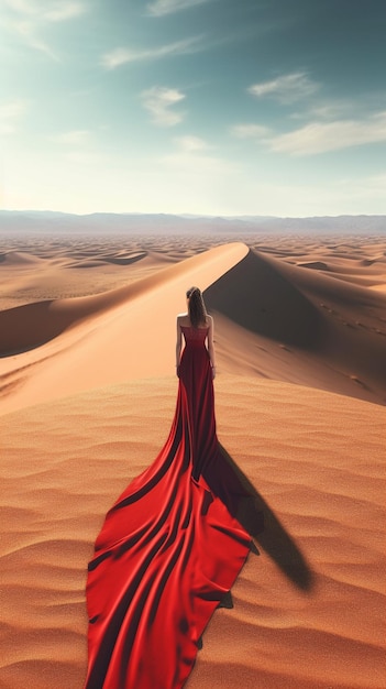 Eine Frau in einem roten Kleid geht durch die Wüste