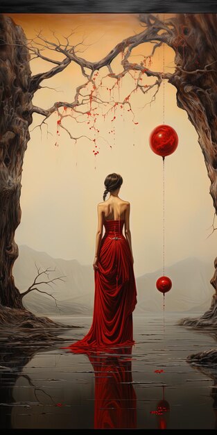Foto eine frau in einem roten kleid hält ballons mit den worten das wort liebe auf der unterseite