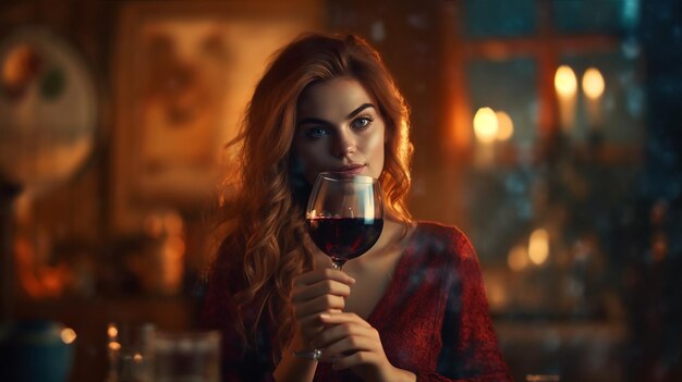 Eine Frau in einem roten Kleid hält ein Glas Rotwein in einer dunklen Bar.