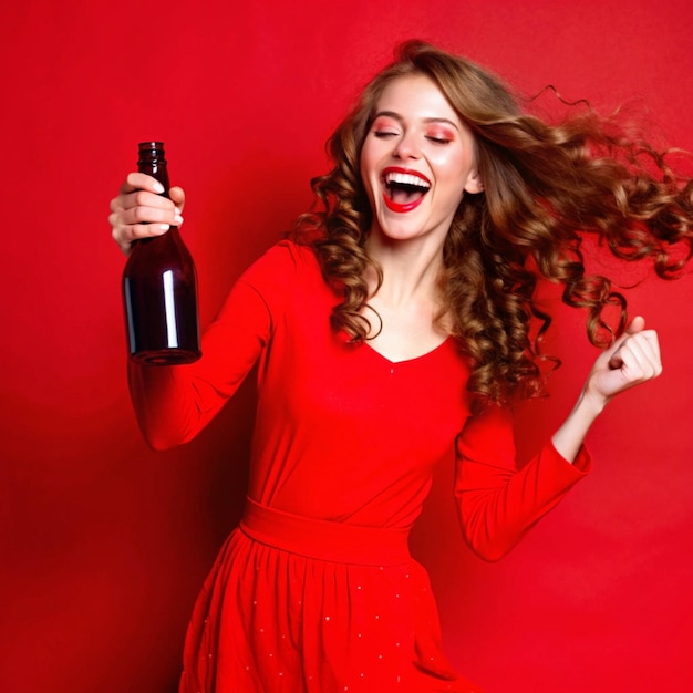 eine Frau in einem roten Kleid hält eine Flasche Wein