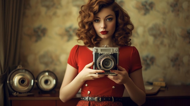 Eine Frau in einem roten Kleid hält eine Kamera vor eine Tapete.