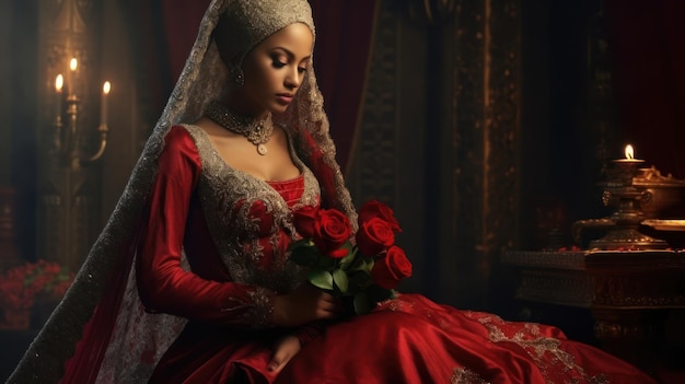 Eine Frau in einem roten Kleid hält einen Strauß Rosen.