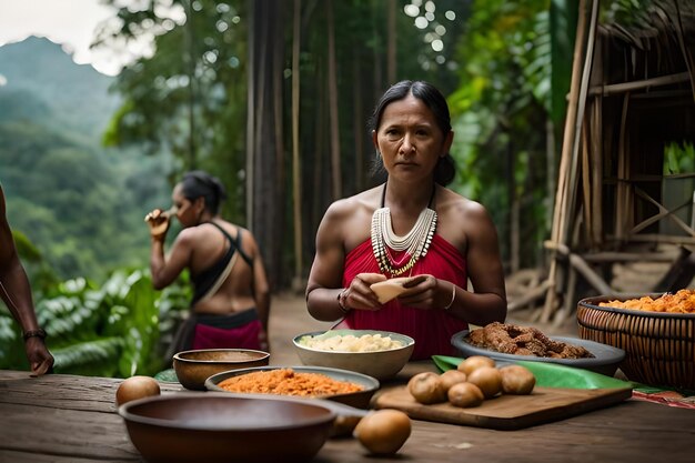 Foto eine frau in einem roten kleid kocht essen.