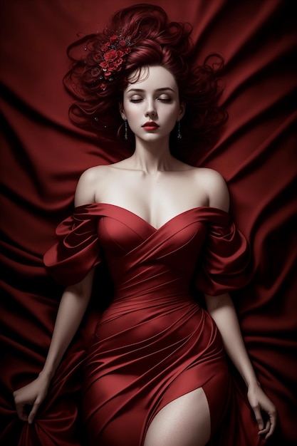 Eine Frau in einem roten Kleid liegt mit geschlossenen Augen auf einem Bett