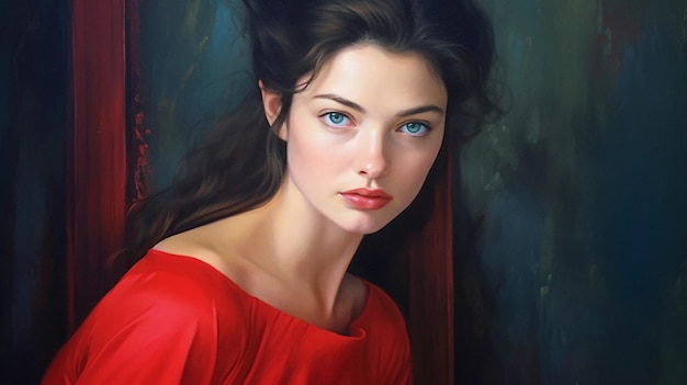 Eine Frau in einem roten Kleid mit blauen Augen
