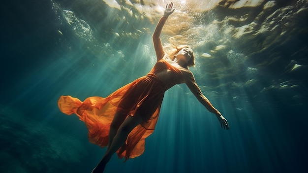 Eine Frau in einem roten Kleid schwimmt unter Wasser.