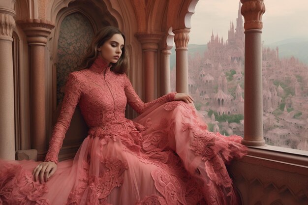 Eine Frau in einem roten Kleid sitzt auf einem Balkon mit einer Stadt im Hintergrund.