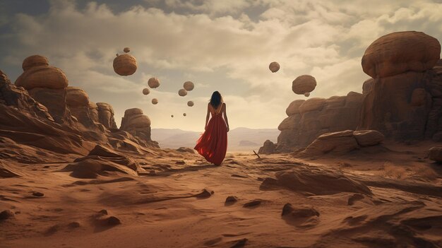 Eine Frau in einem roten Kleid steht in der Wüste, über ihr schweben Luftballons.