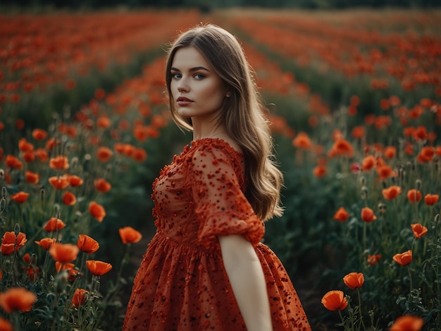 eine Frau in einem roten Kleid steht in einem Blumenfeld