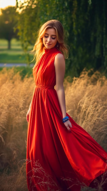 Eine Frau in einem roten Kleid steht in einem Feld mit hohem Gras.