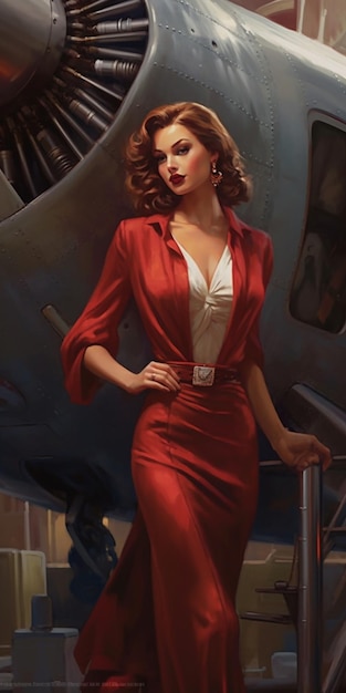 Eine Frau in einem roten Kleid steht vor einem Flugzeug.