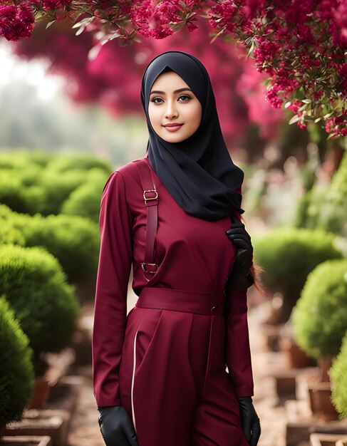 eine Frau in einem roten Kleid steht vor einem Garten mit einem Busch im Hintergrund