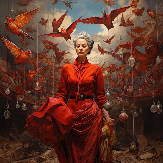 eine Frau in einem roten Kleid steht vor einem Gemälde einer Frau mit einem roten Kleid und einem roten kleid