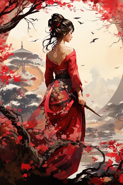 eine Frau in einem roten Kleid steht vor einem See mit einer Pagode im Hintergrund