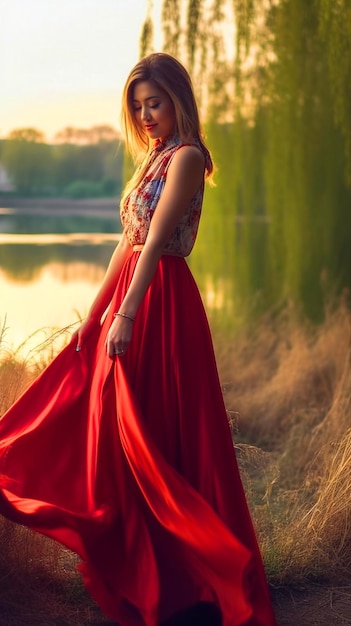Eine Frau in einem roten Kleid steht vor einem See.