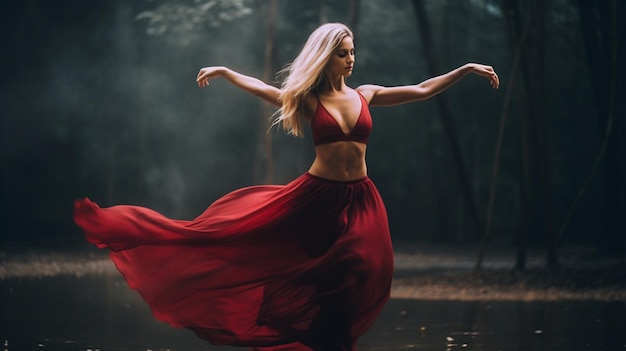 Eine Frau in einem roten Kleid tanzt in einem dunklen Wald.