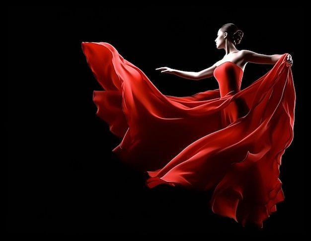 Eine Frau in einem roten Kleid tanzt vor schwarzem Hintergrund.