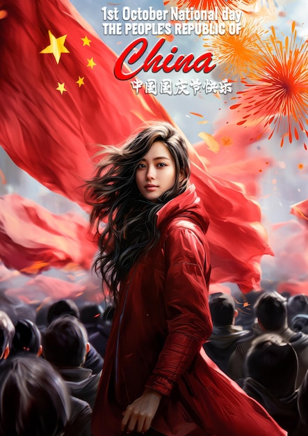 Eine Frau in einem roten Mantel mit einer China-Flagge in der Luft, einem Plakat zum chinesischen Nationalfeiertag