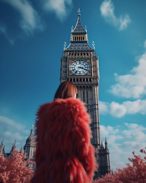 Eine Frau in einem roten Pelzmantel steht vor einem Uhrturm.