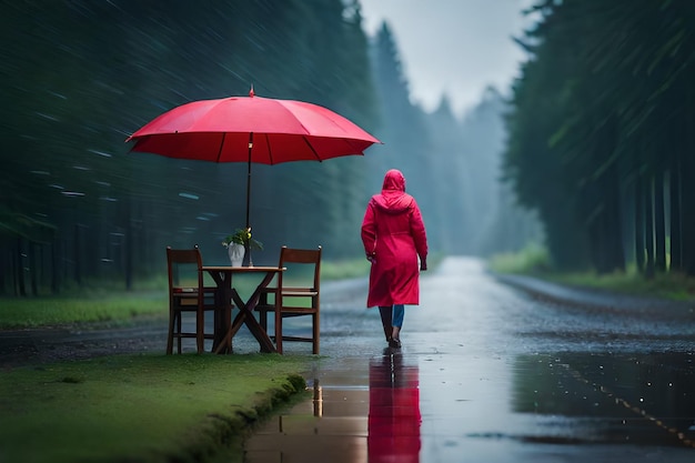 Eine Frau in einem roten Regenmantel geht mit einem roten Regenschirm eine nasse Straße entlang.