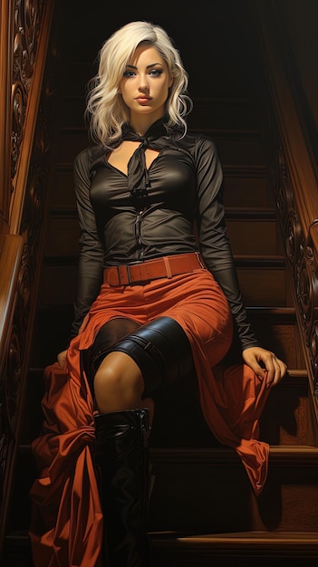 eine Frau in einem roten Rock sitzt auf einer Treppe.