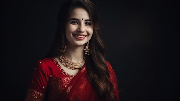 Eine Frau in einem roten Sari lächelt in die Kamera.