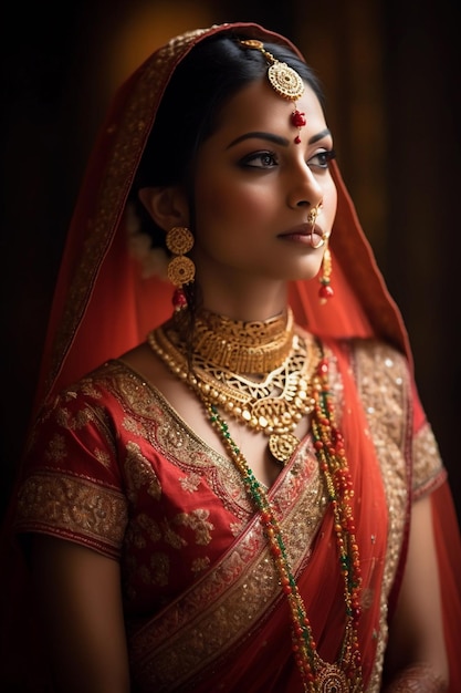 Eine Frau in einem roten Sari mit Goldschmuck