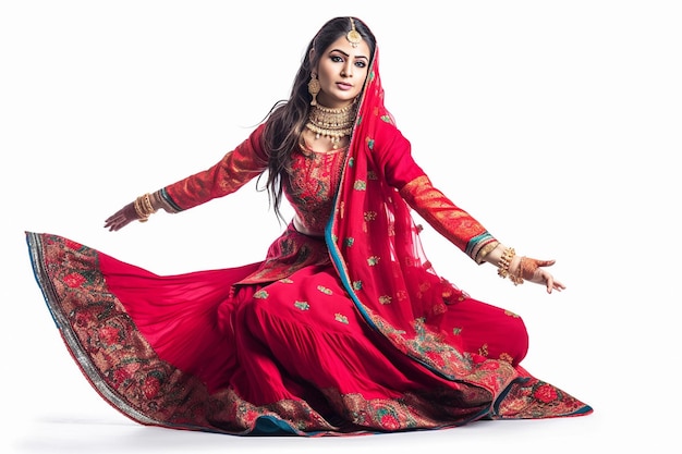 Eine Frau in einem roten Sari tanzt vor einem weißen Hintergrund.