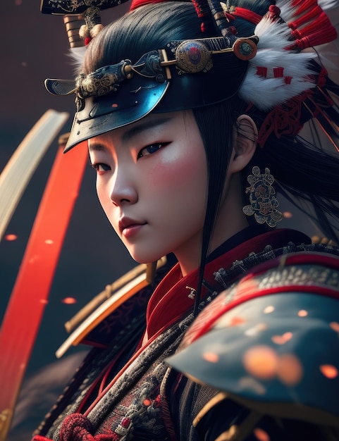 Eine Frau in einem Samurai-Kostüm mit Pfeil und Bogen