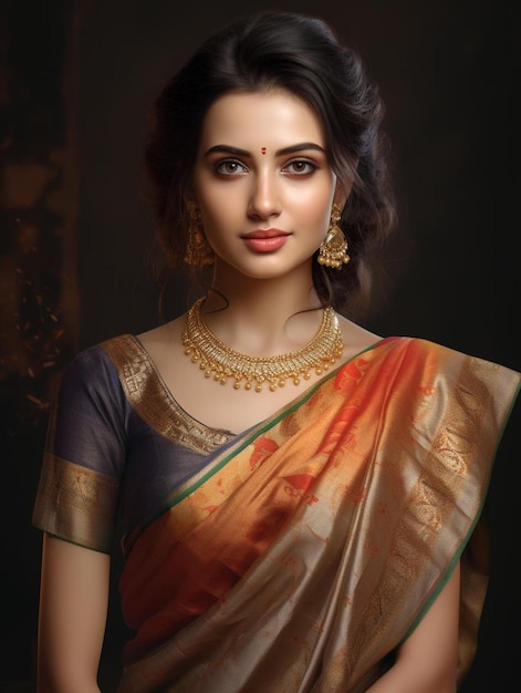 eine Frau in einem Sari mit einem gold-grünen Sari.